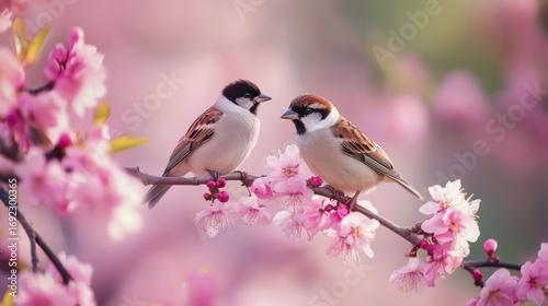 Two Birds on Cherry Blossom Branch in Spring
