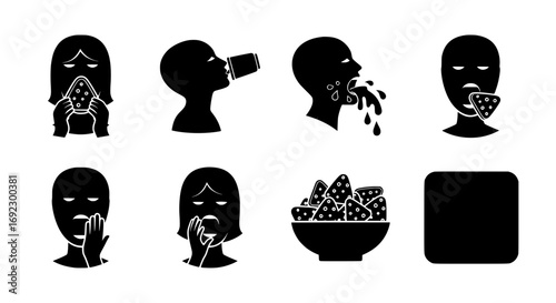 Collection of icons depicting illness symptoms, hygiene, and food, isolated on white background silhouette graphics elements set