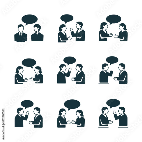 Business people talking and discussing ideas in conversation bubbles