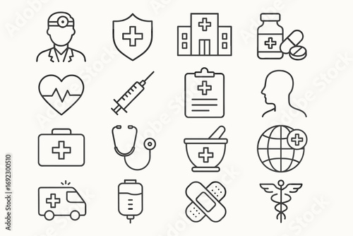 Medical and Healthcare Line Icons Set – Doctor, Pills, First Aid, Hospital Symbols