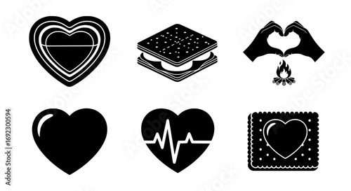 Collection of six black heart and smore icons isolated on white background silhouette graphics elements set