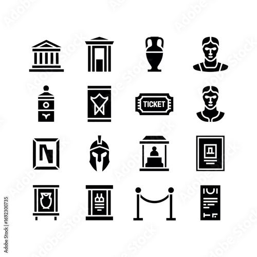 Collection of museum and art gallery icons in black silhouette