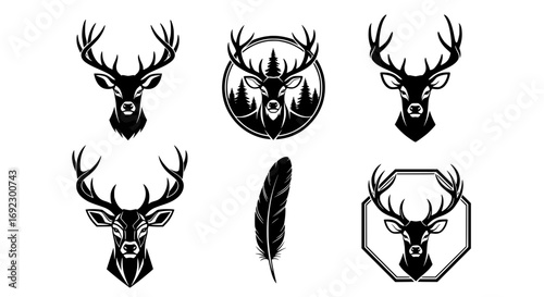 Set of six black and white deer head illustrations and a feather, isolated on white background silhouette graphics elements set