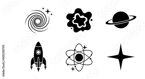 Collection of spacethemed icons including a galaxy, nebula, planet, rocket, atom, and star, isolated on white background silhouette graphics elements set