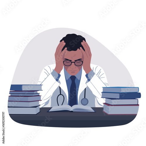 Stressed doctor overwhelmed by medical books and work
