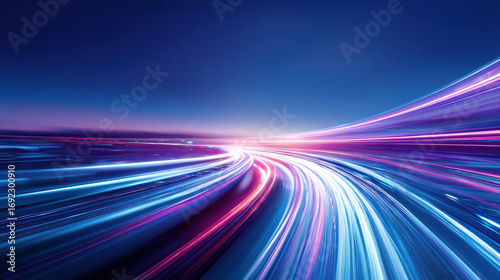 long exposure light trails along futuristic highway curving into night horizon blue and purple tones dynamic motion illustration concept scene visual for commercial design use high detail quality stoc