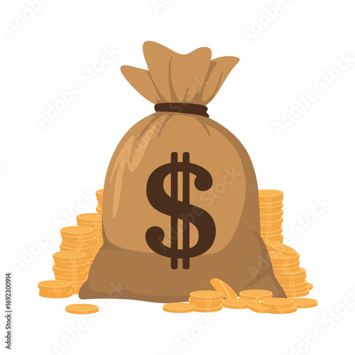 Bag of money with dollar sign and gold coins
