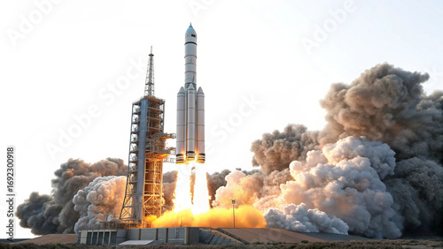 Rocket launch from launchpad with smoke and fire space