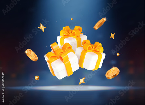 3d white gift box with yellow ribbon and flying gold Indian rupees coins and balls. Stock vector illustration on blue isolated background.