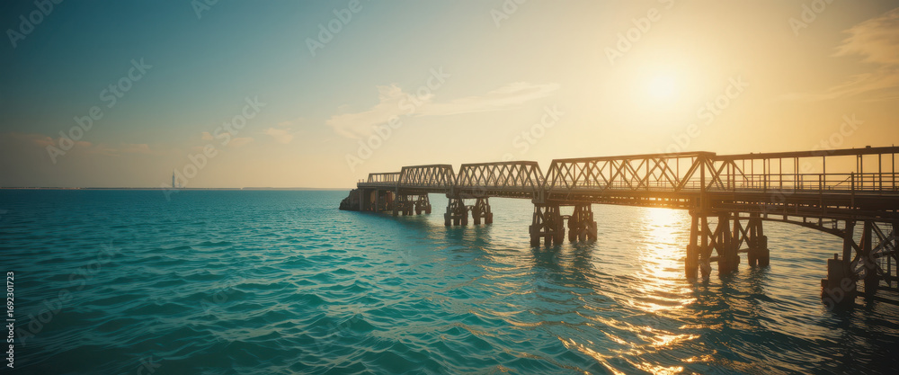 Fototapeta premium Scenic sunset over water coastal pier photography serene ocean environment wide angle view