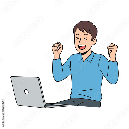 Joyful Man Celebrating Success on Laptop, Cartoon Style Illustration
