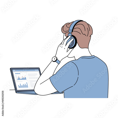 Man in Headphones Working on Laptop, Data Analysis, Modern Style