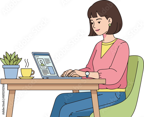 Flat vector illustration of woman working on laptop at home