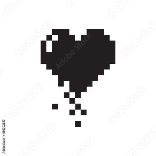 Pixel art dripping heart icon. 8-bit retro video game style melting black love symbol. Broken heart, sadness or digital glitch concept isolated on white background.
