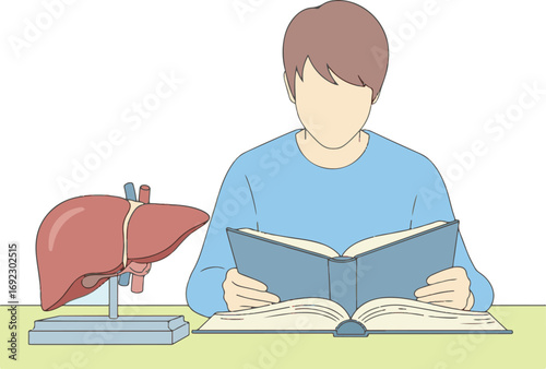 Flat vector illustration of student reading medical book