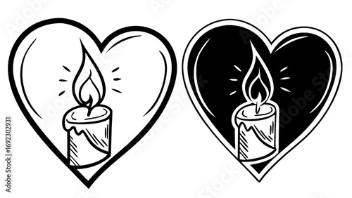 Heart with Candle Flame Icons in Outline and Solid Black Vector Icon Style