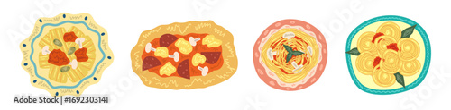 Pasta Italian food on plate isolated. Pasta and pizza with sauce. Vector hand drawn. Italian food with crayon texture