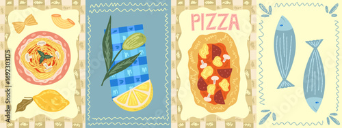 Food poster with pasta and cheese. Italian food poster. Kitchen postcard with Italian spaghetti, cheese and fish