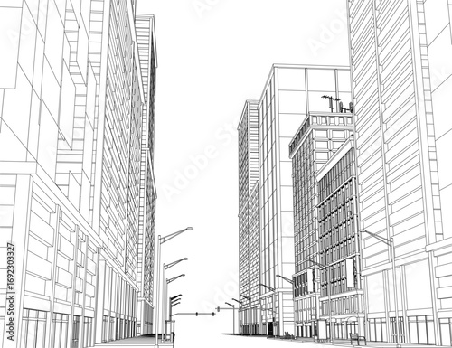 Black and white contour drawing of a city street with tall buildings, street poles, and lights against a sky background.