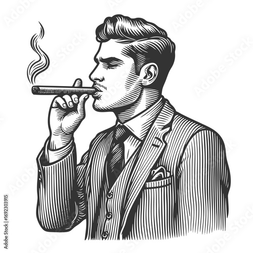 man in a suit smoking a cigar, symbolizing confidence and power sketch engraving generative ai fictional character vector illustration. Scratch board imitation. Black and white image.