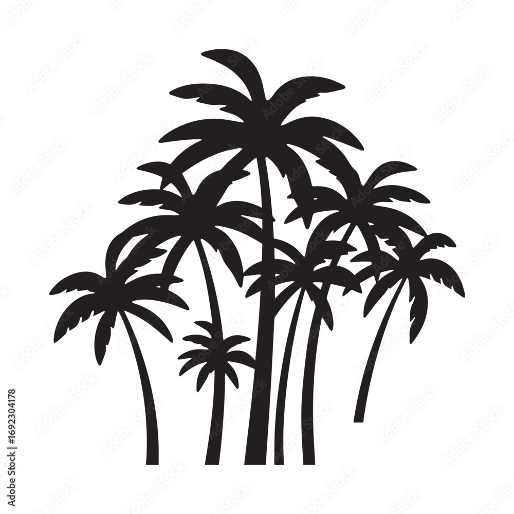 Obraz premium A group of black palm trees silhouettes against a white background.