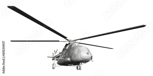 Polygonal military helicopter in flight against a clean white background, rendered in stark black and white geometric style.