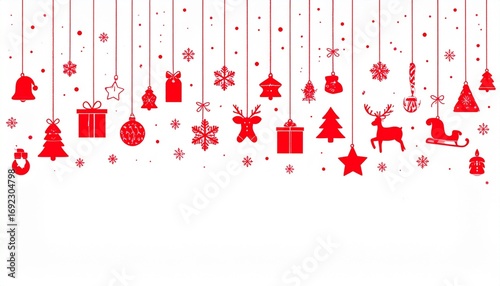 Festive Christmas background with hanging red ornaments including stars, snowflakes, trees, gifts, bells, reindeer, and other holiday symbols.