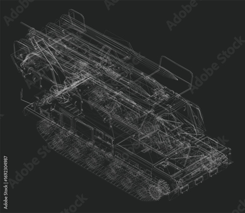 Military rocket launcher wireframe model on black background, showcasing detailed structural framework and mechanical components.