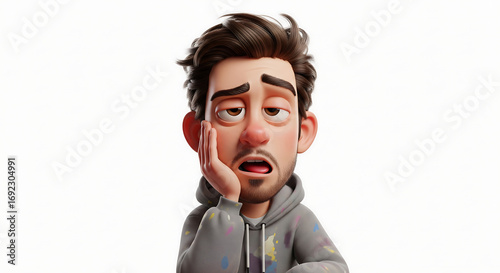 3D animated character of a tired, sleepy man yawning with his hand on his cheek against a white background.