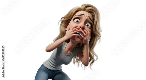 A cartoon woman with a shocked expression, hands covering her mouth.