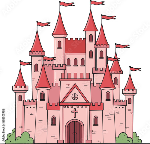 Fairy tale pink castle with red towers and flags, medieval fantasy fortress illustration, magical palace, storybook architecture, enchanted kingdom design