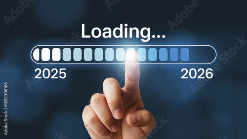 Progress and transition from 2025 to 2026 concept. A person pointing to loading bar transitioning from 2025 to 2026, progress, future planning, and new year goals. annual planning and business growth.