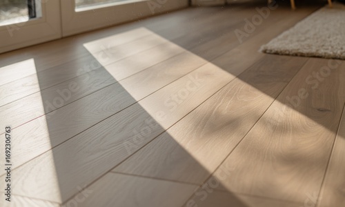 Sunlight streams across light beige wooden flooring, casting diagonal shadows