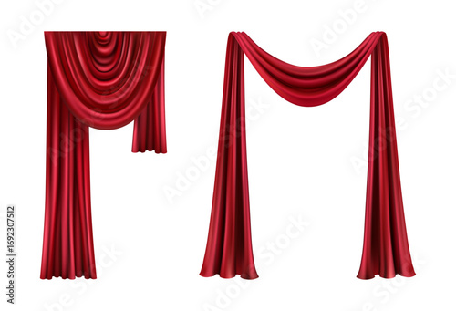 Theater stage curtain closed and open, long and short top border. Vector realistic draperies for scene, set of luxurious fabric for home interior, cinema or opera hall. Isolated textile