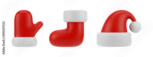 Hat and sock of santa claus, red fluffy soft hat of personage. Vector isolated xmas decorative items. 3d realistic festive objects for Christmas celebration and preparation. Warm clothing unform