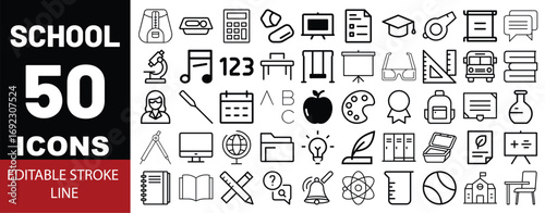 Collection of 50 hand drawn school and education icons for learning and creativity vector