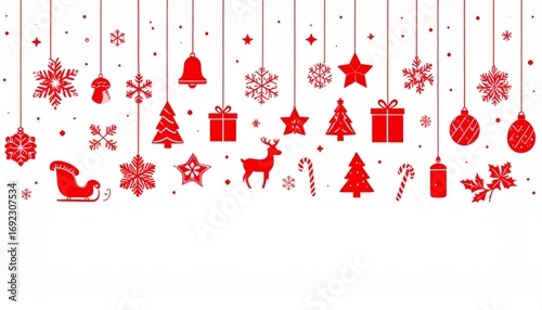 Festive Christmas background with hanging red ornaments including stars, snowflakes, trees, gifts, bells, reindeer, and other holiday symbols.