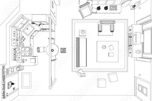 Blueprint of a kitchen and living room apartment layout with a central island, dining area, sofa, chairs, and coffee table. The kitchen island includes appliances, countertops, and cabinets in clear.