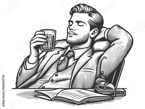 man in a suit reclining at a desk with a glass of whiskey in hand sketch engraving generative ai fictional character vector illustration. Scratch board imitation. Black and white image.