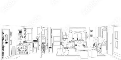 A minimalist black and white contour drawing of an apartment living room with tables, chairs, and cupboards against a clean white background.