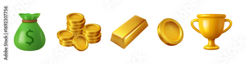 Wealth and money in sack, golden bars and coins. Vector in realistic UI style, casino gambling games lucky winner. Fortune and success, jackpot or victory in spinning. Slot icons for apps
