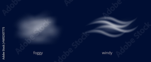 Weather conditions, foggy and windy. Vector in realistic style, set of meteorologic widgets or UI application icons. Wind and mist or fog, changes in temperature and atmosphere. Meteorology collection