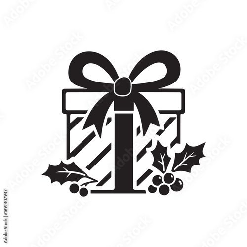 A vector illustration of a Christmas gift box silhouette against a white background.