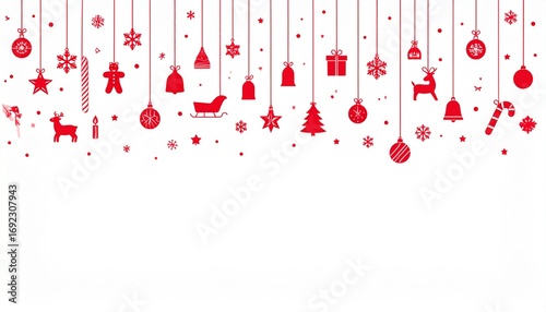 Festive Christmas background with hanging red ornaments including stars, snowflakes, trees, gifts, bells, reindeer, and other holiday symbols.