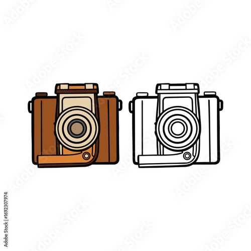 Vintage camera icon with outline and color versions