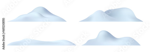 Snowy piles and snow caps. Vector realistic icons set, mountains or hills summits and peaks. Snowfall and blizzard, snowdrift with ice. Seasonal weather design, Christmas and new year decor