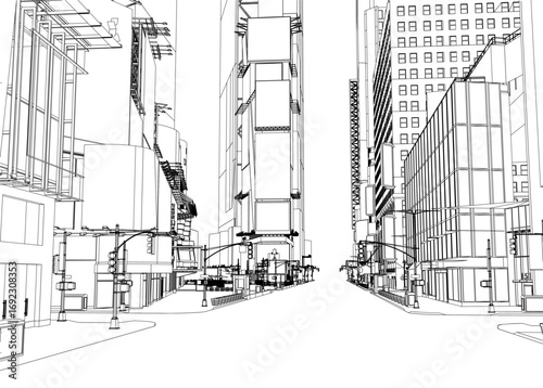 A futuristic cityscape in black and white contour drawing, featuring tall buildings, street poles, and glowing lights.