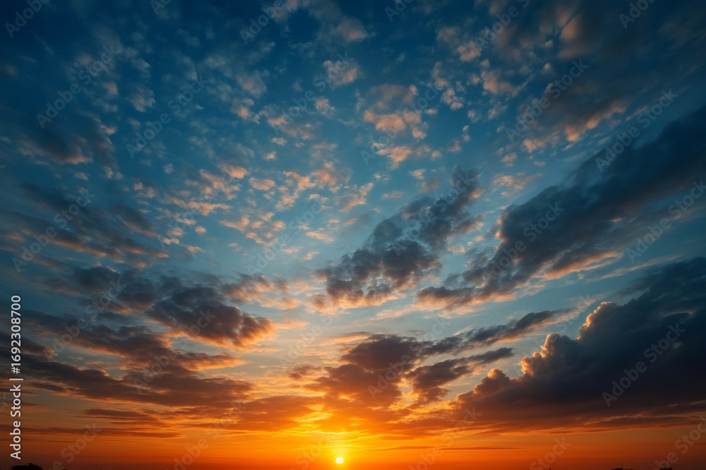 Fototapeta premium Vibrant orange and blue hues paint the clouds at sunset, creating a dramatic and beautiful sky