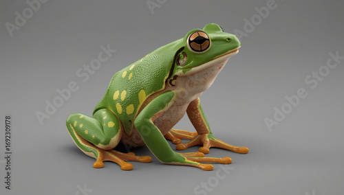 Green Robotic Frog With Large Golden Eyes Viewed From The Side
