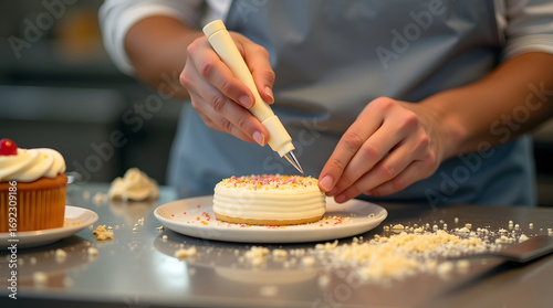 A baker decorating a small cake with colorful sprinkles using a pastry bag. Sweet food preparation.